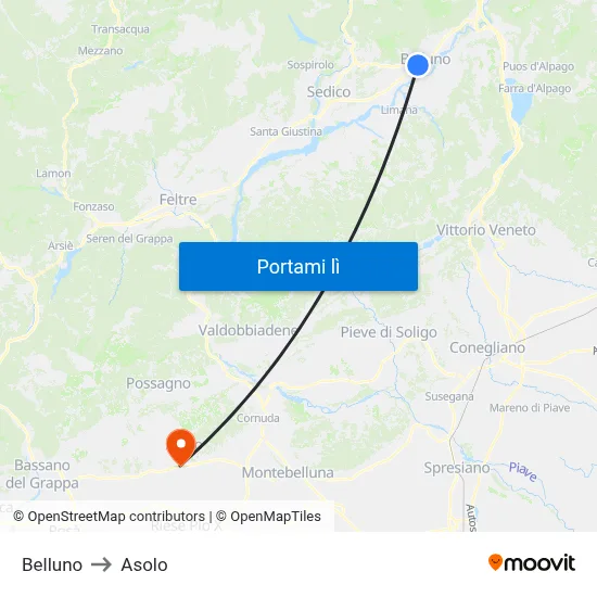 Belluno to Asolo map