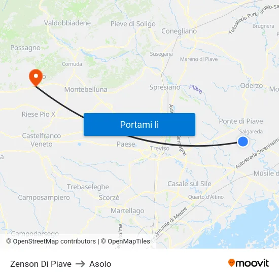 Zenson Di Piave to Asolo map