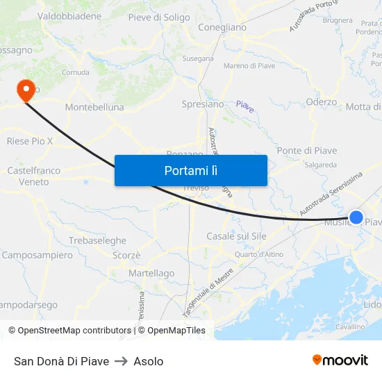 San Donà Di Piave to Asolo map