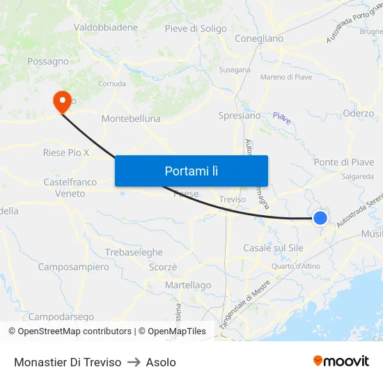 Monastier Di Treviso to Asolo map