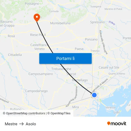 Mestre to Asolo map