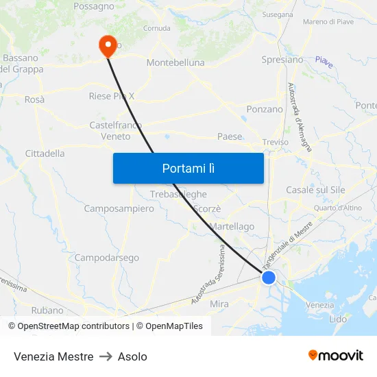 Venezia Mestre to Asolo map