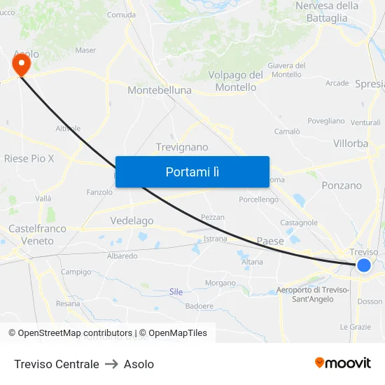 Treviso Centrale to Asolo map