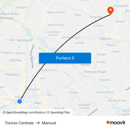 Treviso Centrale to Mansuè map
