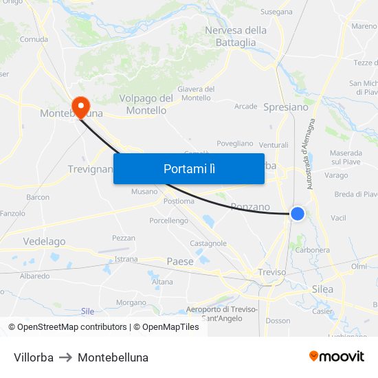 Villorba to Montebelluna map