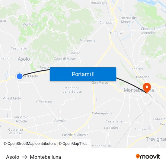 Asolo to Montebelluna map