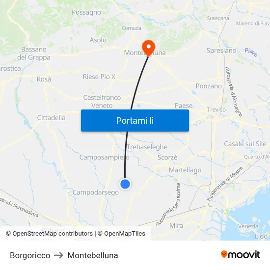 Borgoricco to Montebelluna map