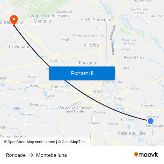 Roncade to Montebelluna map