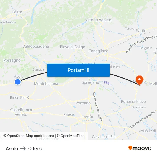 Asolo to Oderzo map