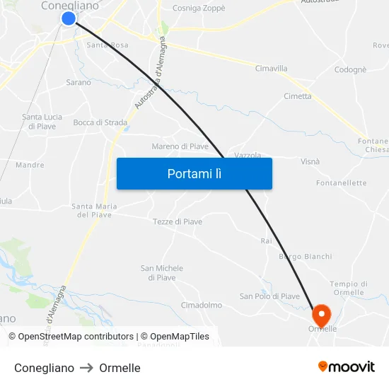 Conegliano to Ormelle map