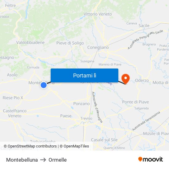 Montebelluna to Ormelle map