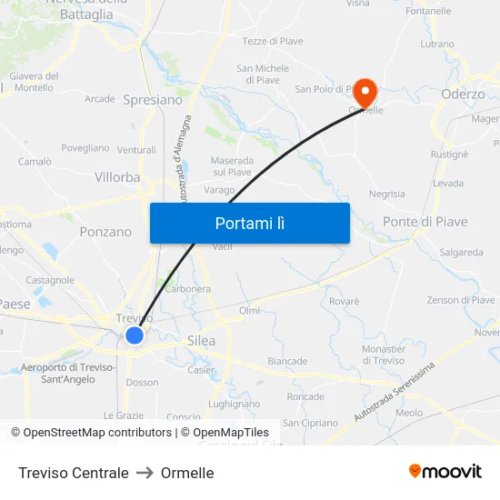 Treviso Centrale to Ormelle map