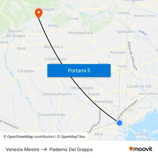 Venezia Mestre to Paderno Del Grappa map