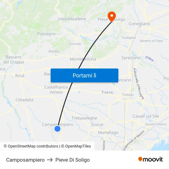 Camposampiero to Pieve Di Soligo map