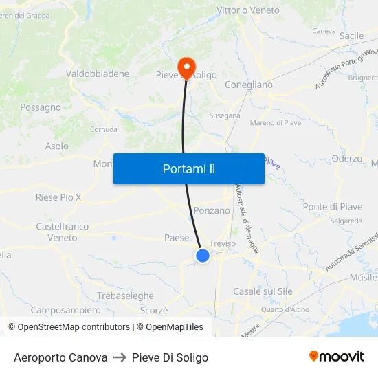 Aeroporto Canova to Pieve Di Soligo map