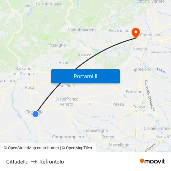 Cittadella to Refrontolo map