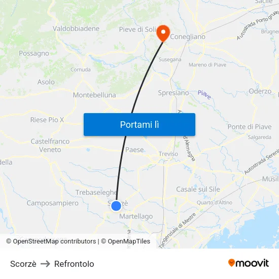 Scorzè to Refrontolo map