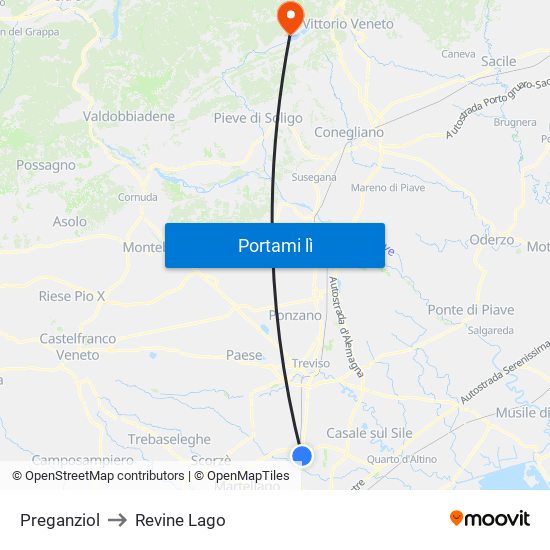 Preganziol to Revine Lago map