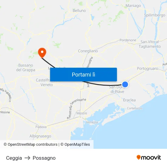 Ceggia to Possagno map