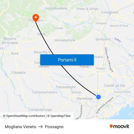 Mogliano Veneto to Possagno map