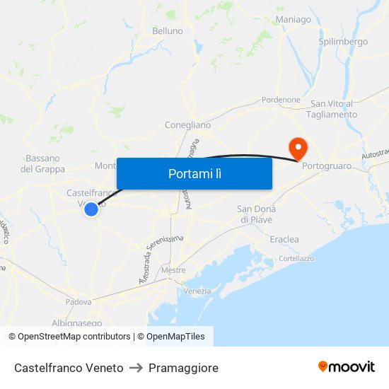 Castelfranco Veneto to Pramaggiore map
