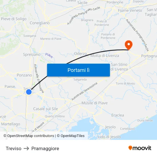 Treviso to Pramaggiore map