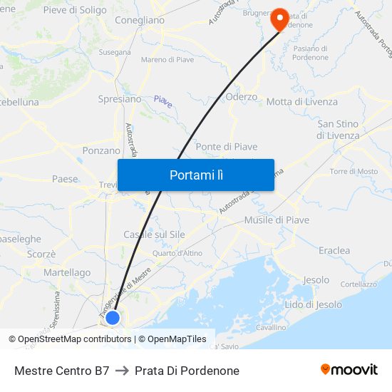 Mestre Centro B7 to Prata Di Pordenone map