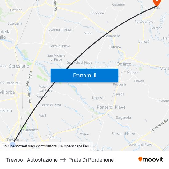 Treviso - Autostazione to Prata Di Pordenone map