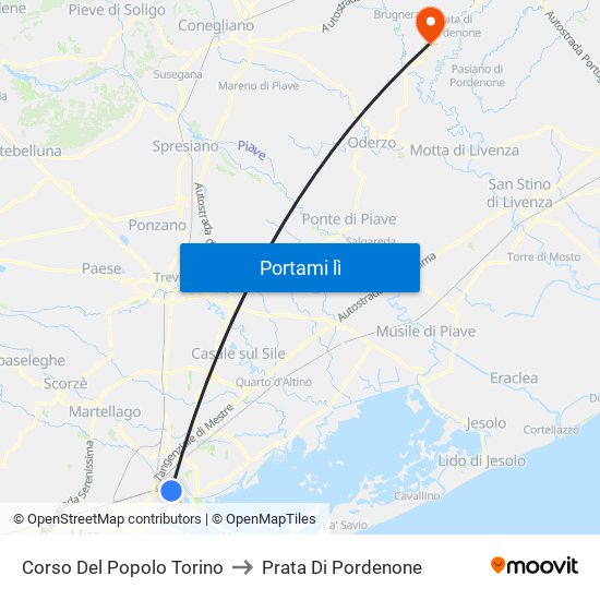 Corso Del Popolo Torino to Prata Di Pordenone map