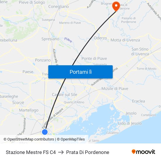 Stazione Mestre FS C4 to Prata Di Pordenone map