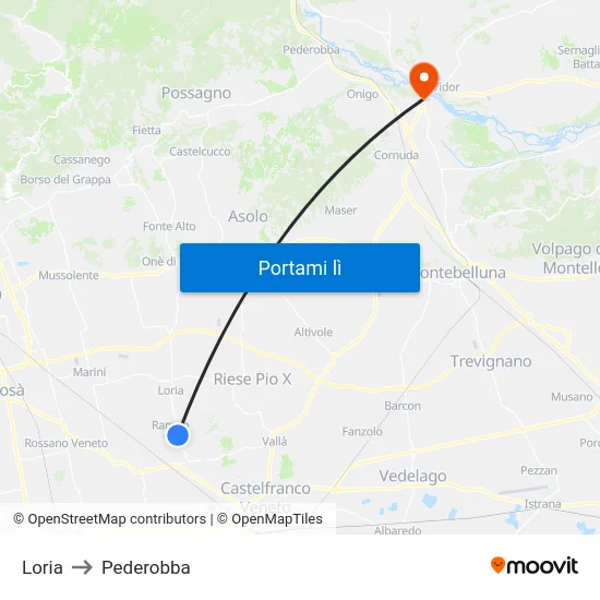 Loria to Pederobba map