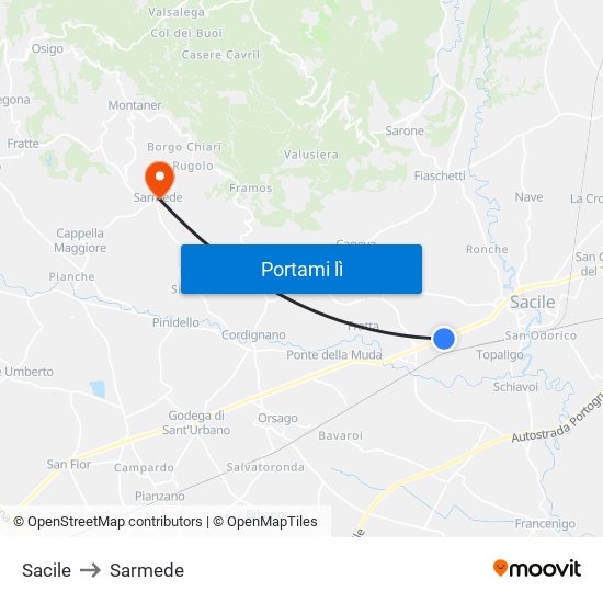 Sacile to Sarmede map