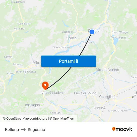 Belluno to Segusino map