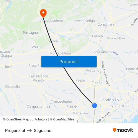 Preganziol to Segusino map