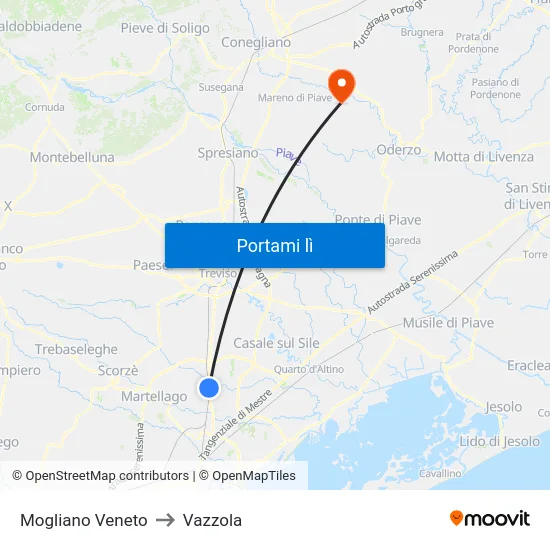 Mogliano Veneto to Vazzola map