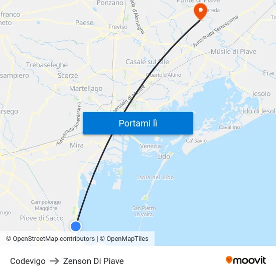 Codevigo to Zenson Di Piave map