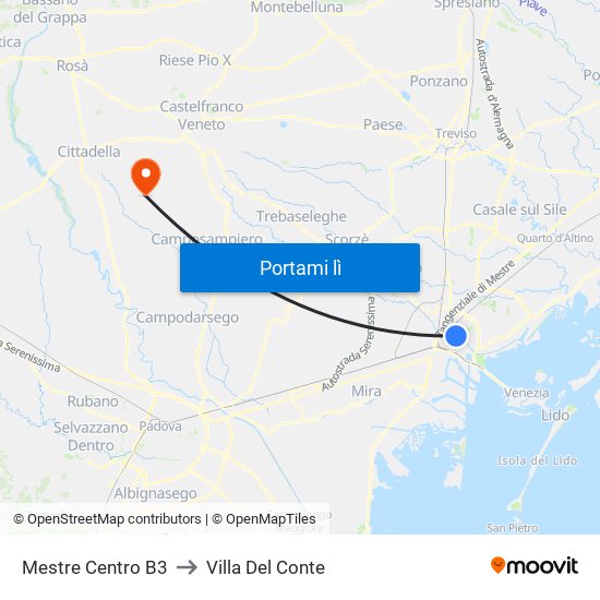 Mestre Centro B3 to Villa Del Conte map
