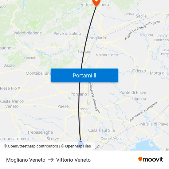 Mogliano Veneto to Vittorio Veneto map