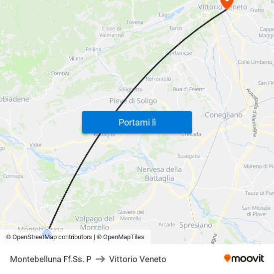 Montebelluna Ff.Ss. P to Vittorio Veneto map