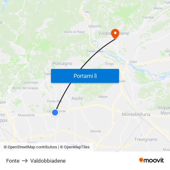 Fonte to Valdobbiadene map