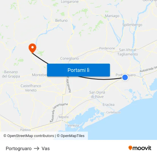 Portogruaro to Vas map