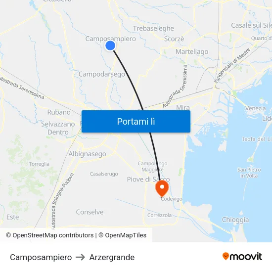 Camposampiero to Arzergrande map