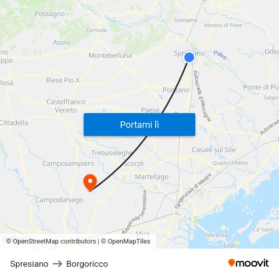 Spresiano to Borgoricco map