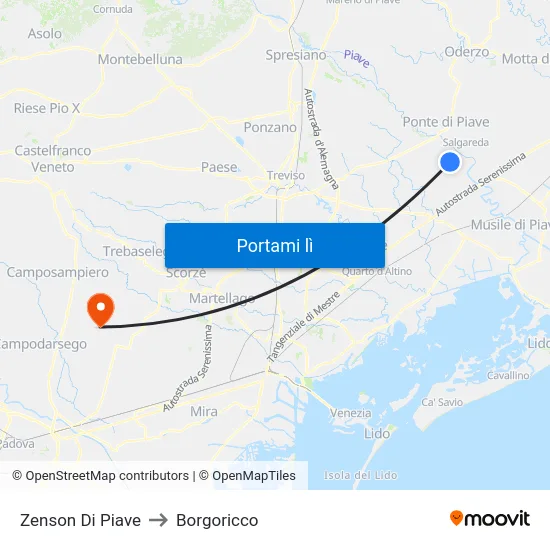 Zenson Di Piave to Borgoricco map