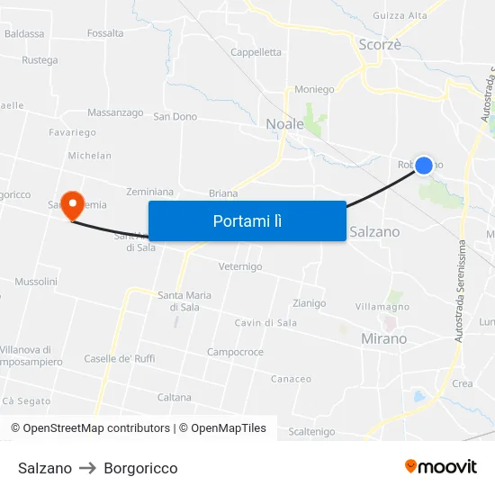 Salzano to Borgoricco map