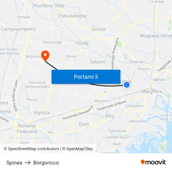 Spinea to Borgoricco map