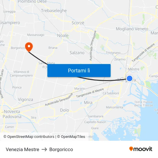 Venezia Mestre to Borgoricco map