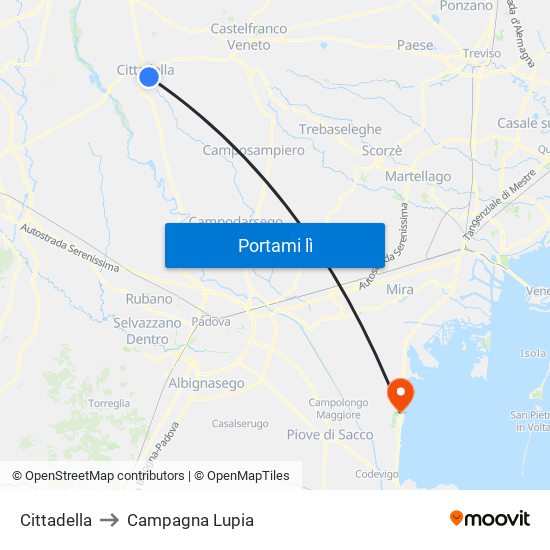 Cittadella to Campagna Lupia map