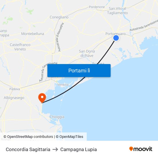 Concordia Sagittaria to Campagna Lupia map