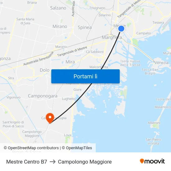 Mestre Centro B7 to Campolongo Maggiore map